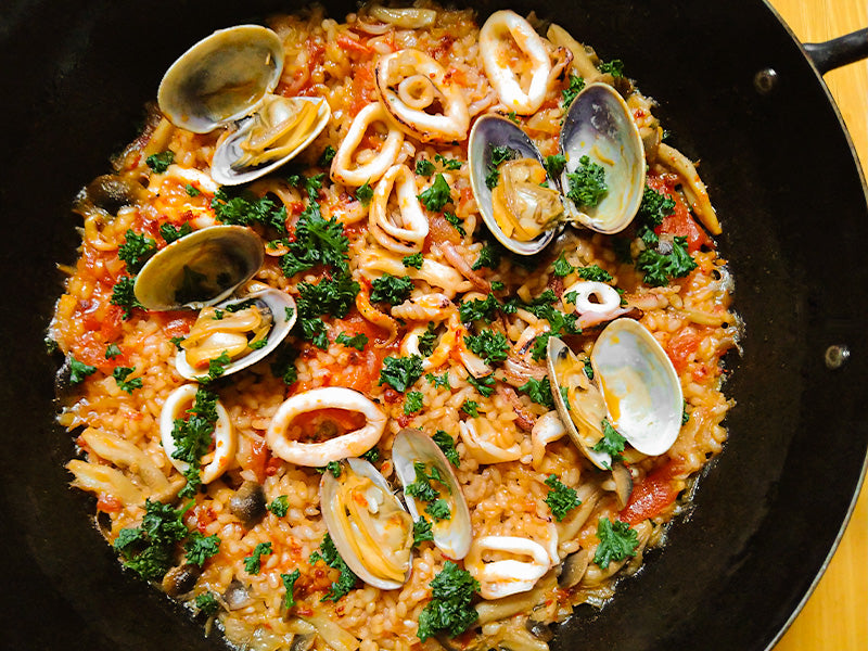 Seafood paella made with dashi soup stock