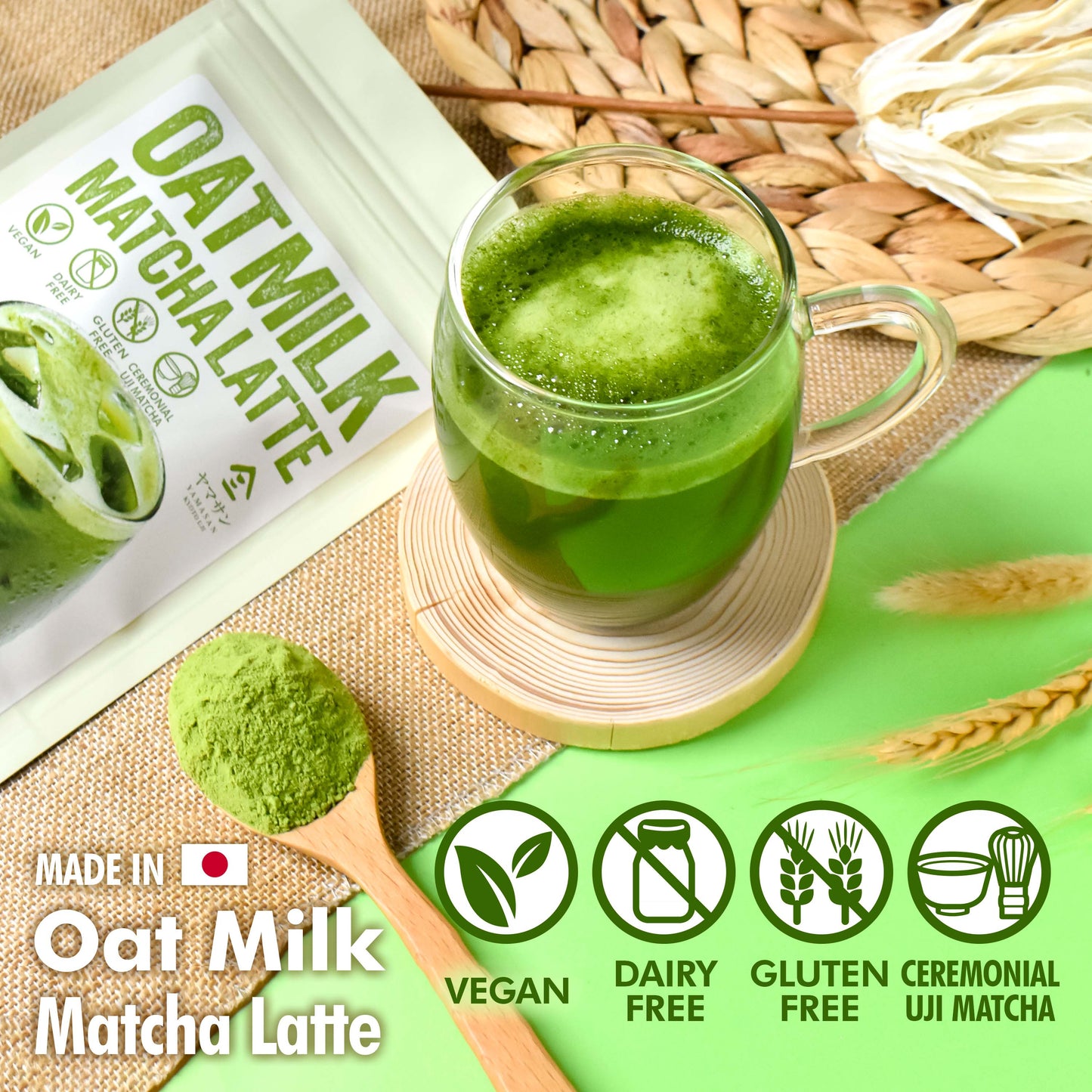 Japanese Oat Milk Matcha Latte, Uji Matcha Ceremonial Grade with Oat Milk Instant Latte Mix, Dairy-Free, 100% Plant Based, Vegan, Gluten-Free, No Refined Sugar, Made in Japan 3.5OZ(100g)