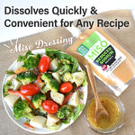 Miso dressing package with a salad and dressing on a tablecloth