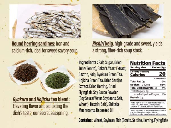 Dashi - Umami Powder Soup Stock - Japanese Food, Bonito Flakes, Kelp, Mushroom, 8g 30pacs