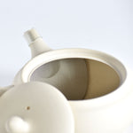 Close-up of a white ceramic teapot with a mesh filter on a light gray background