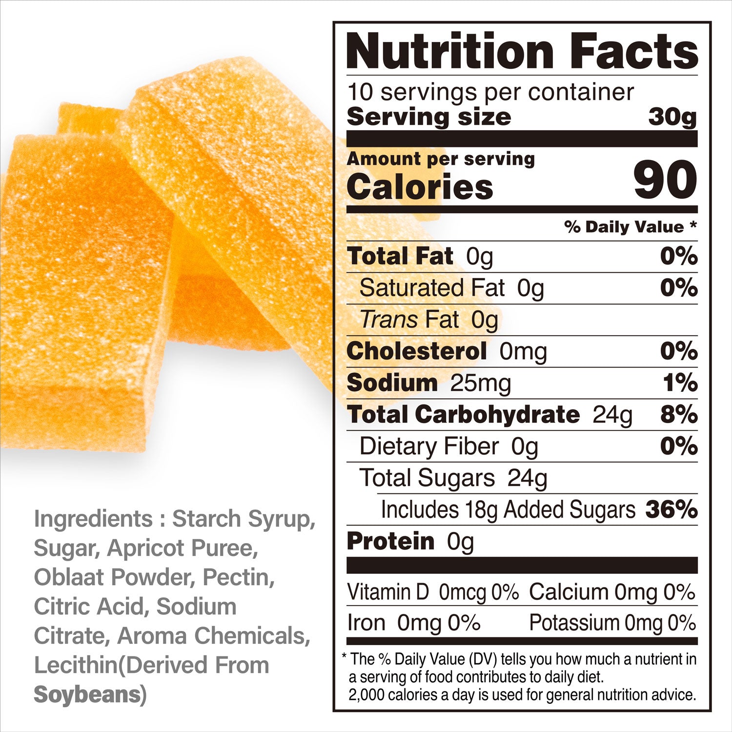 Nutrition facts label for a product with apricot  candy pieces on a white background
