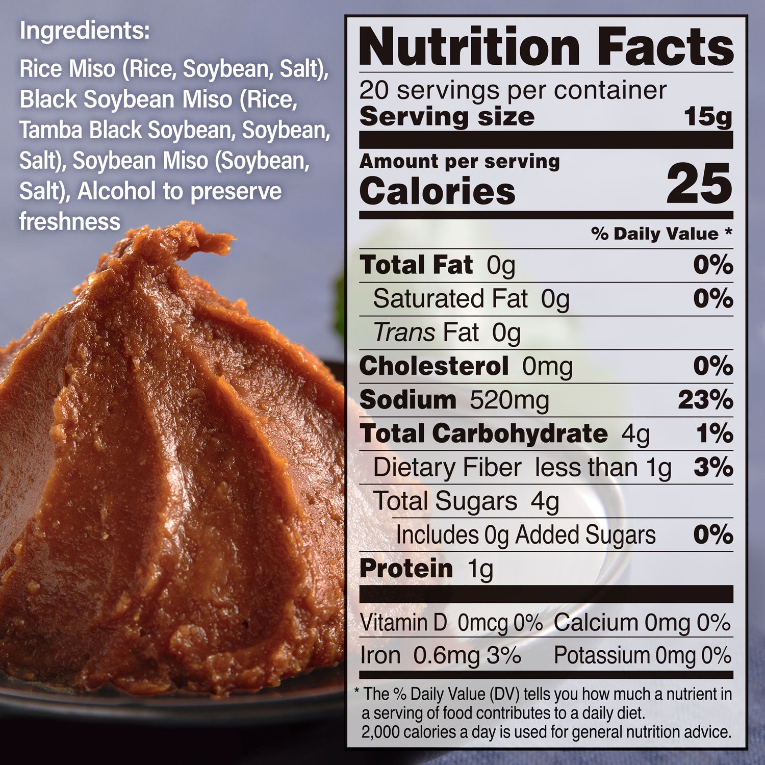 Nutrition label for a food product with a close-up of the product on a plate.