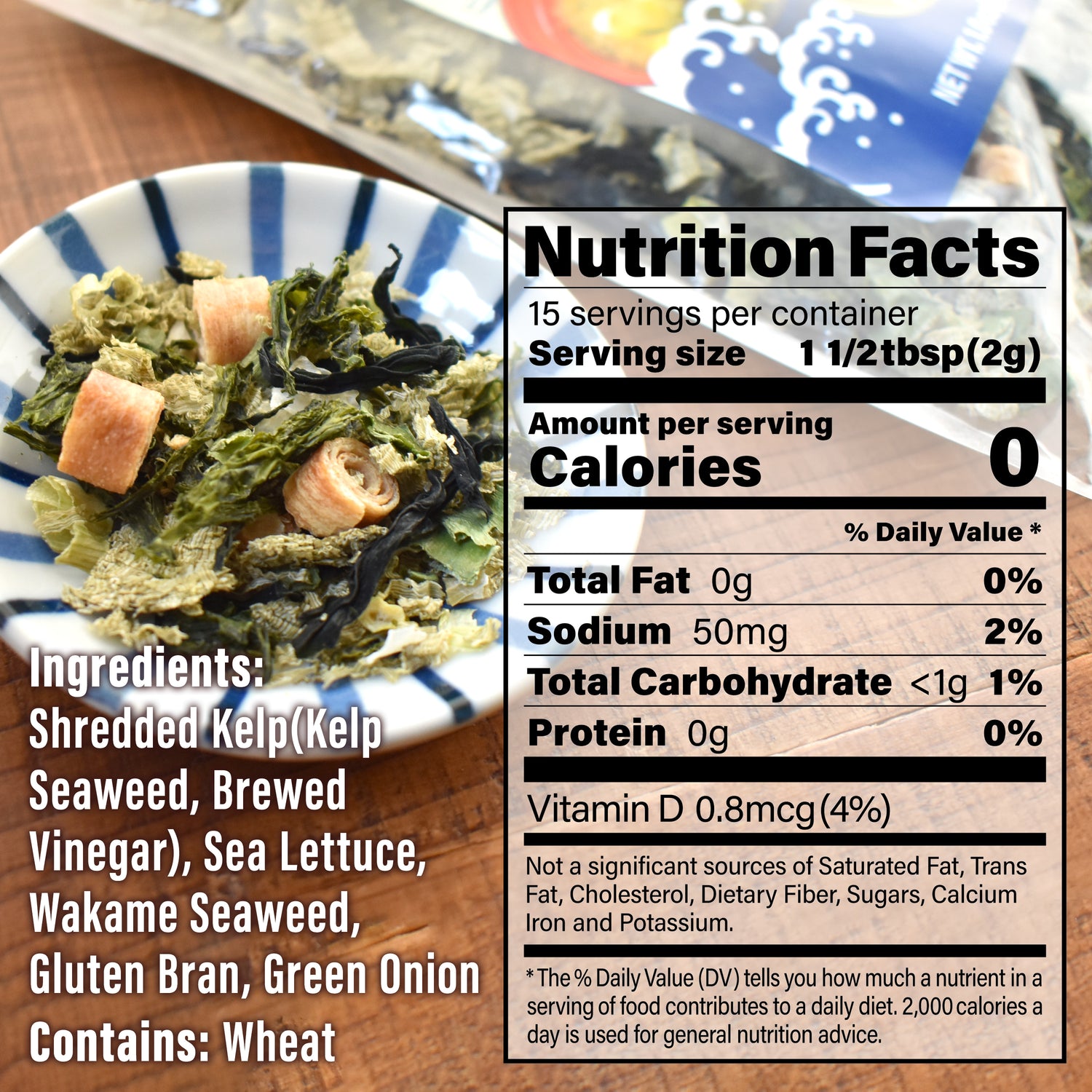 Dried wakame seaweed, wheat gluten (fu), shredded kelp (tororo kombu), dried green onions