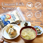 Seaweed package with a bowl of soup and rice balls on a wooden table, featuring vegan, no sugar, no additives, and low calories icons.