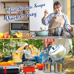 Person cooking in a kitchen with text about soups and outdoor cooking.