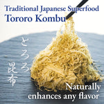 Tororo Kombu seaweed on a dark surface with text describing it as a traditional Japanese superfood.