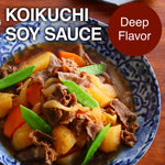 Stew with vegetables in a bowl labeled 'Koikuchi Soy Sauce Deep Flavor'.