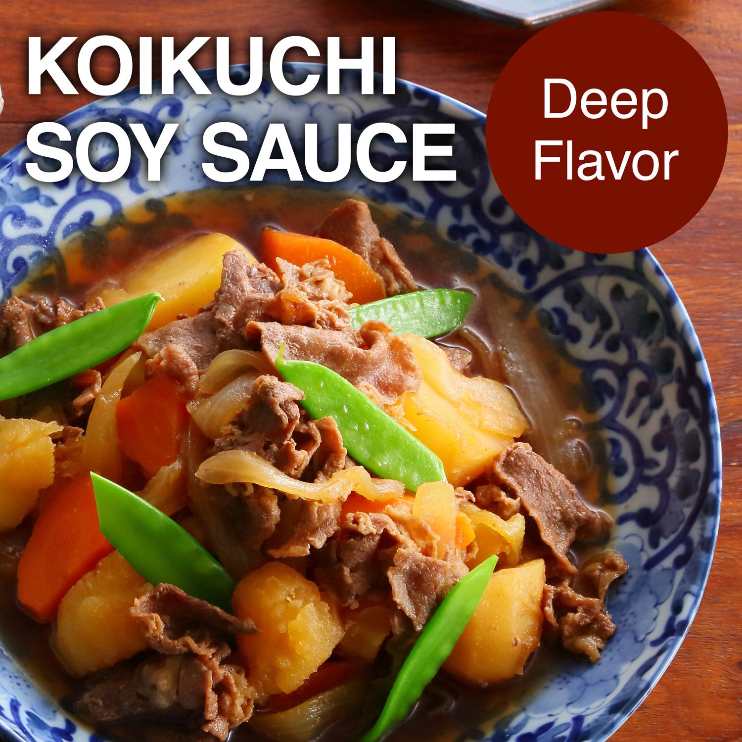 Stew with vegetables in a bowl labeled 'Koikuchi Soy Sauce Deep Flavor'.