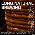 Stack of brown slices with 'Long Natural Brewing' text and 'Rich Umami Flavour' text.