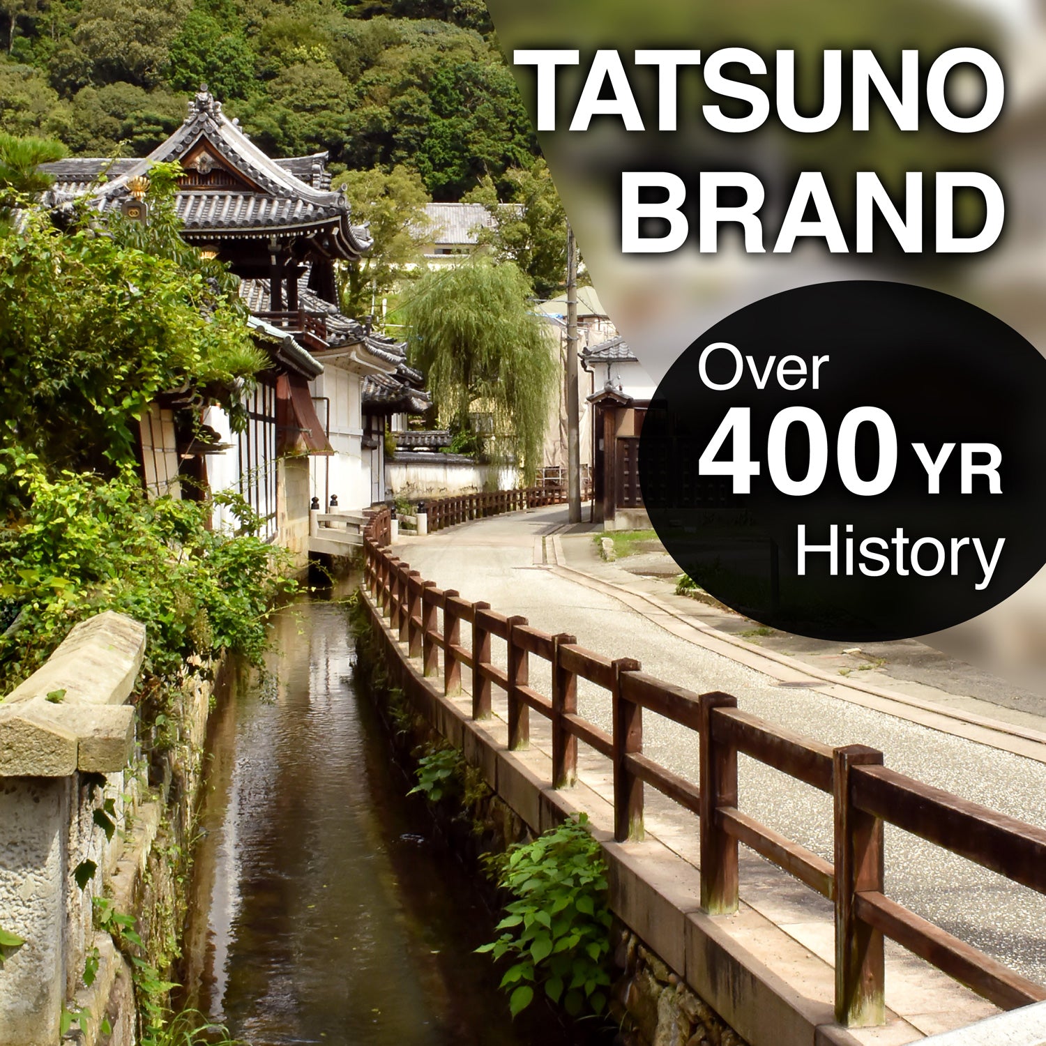 Traditional Japanese street with a canal and wooden bridge, featuring Tatsuno Brand text.