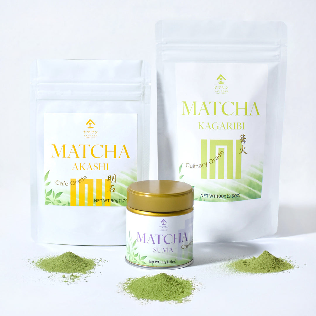 Matcha powder packaging including bags and a jar on a white background