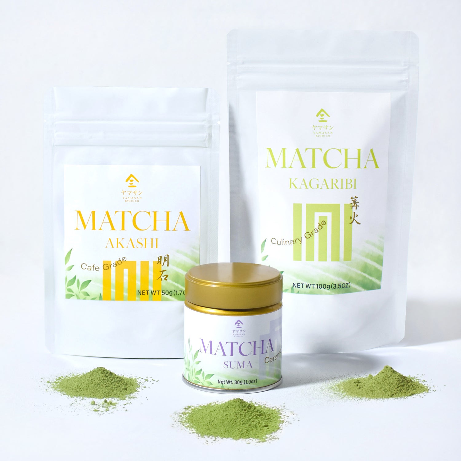 Matcha powder packaging including bags and a jar on a white background