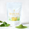 Matcha Akashi packaging with green leaves and matcha powder on a white background
