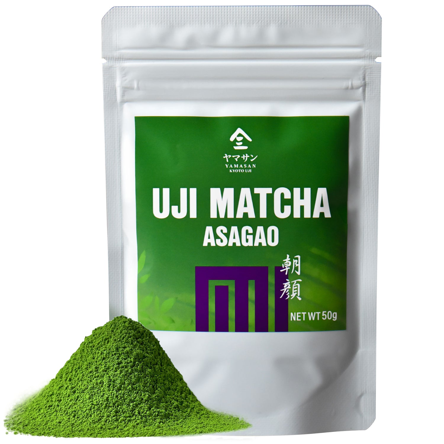 Uji Matcha Asagao packaging with green powder on a white background