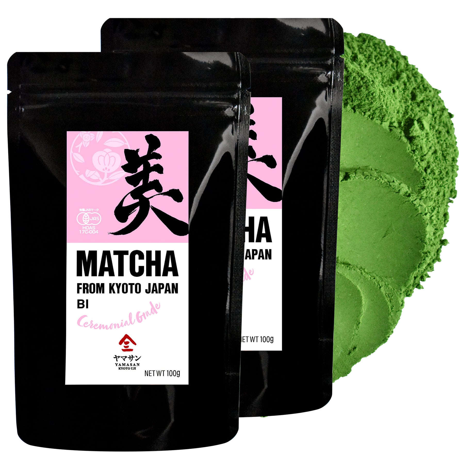 Two black packages of matcha green tea powder with a pink label on a white background.