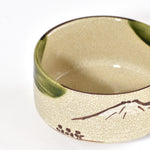 Ceramic bowl with green interior and decorative elements on a white background