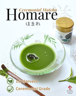 Ceremonial Matcha Homare product with green tea in a bowl and packaging on a white background　ice matcha