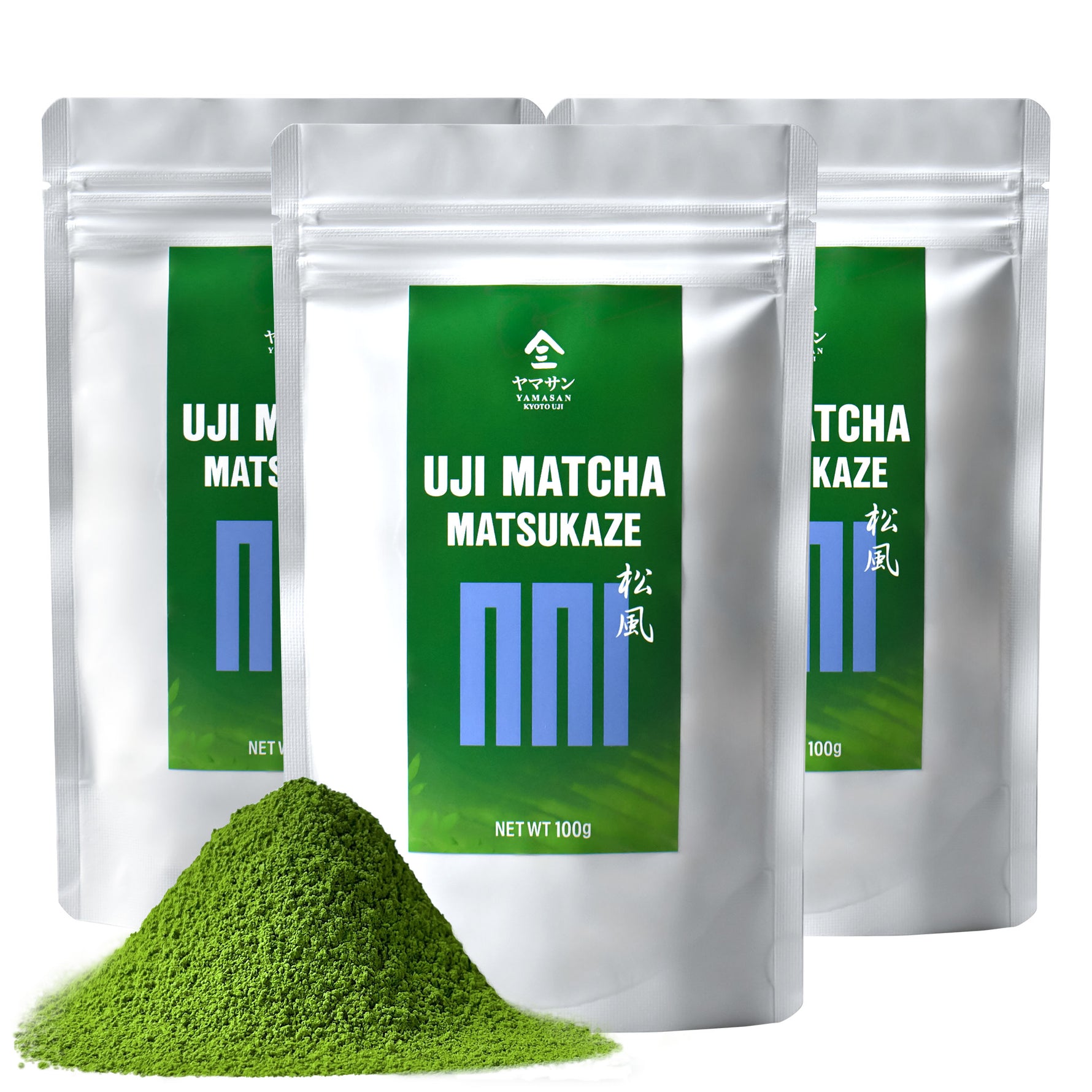 Three packages of Uji Matcha Matsukaze with green powder in front