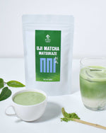 Uji Matcha Matsukaze packaging with a cup of matcha and a glass on a white background