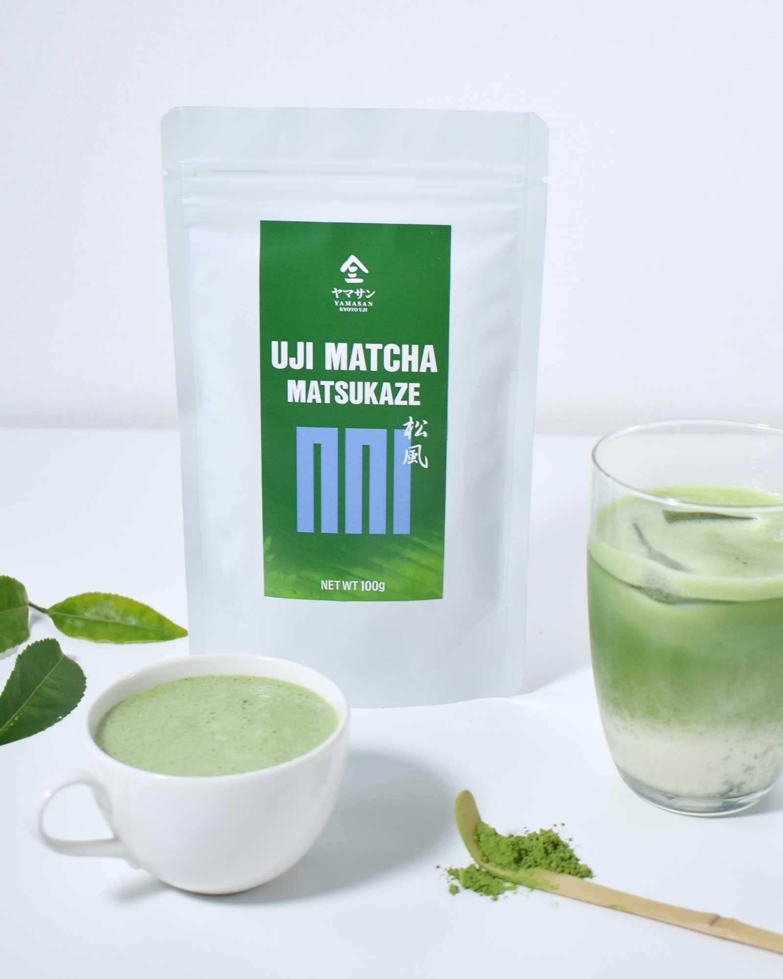 Uji Matcha Matsukaze packaging with a cup of matcha and a glass on a white background