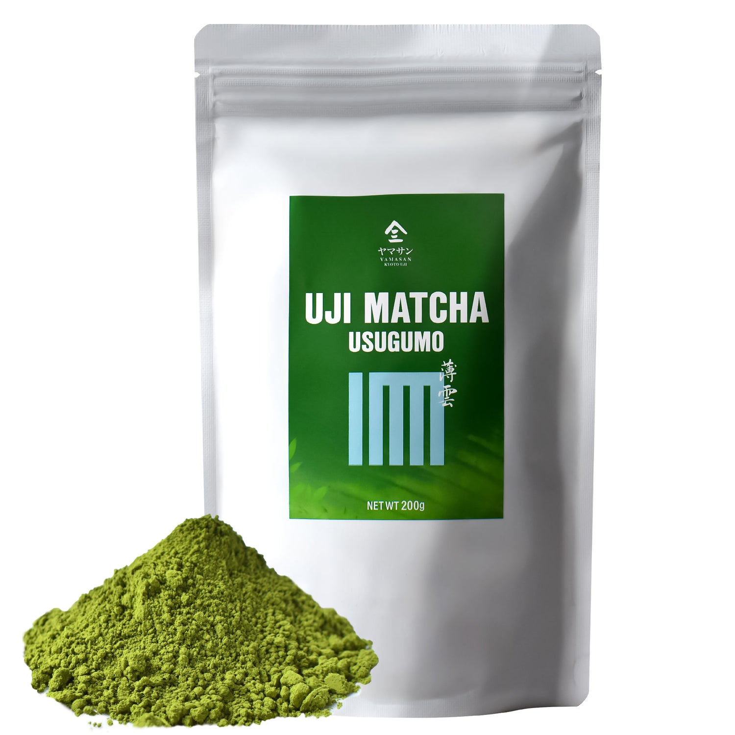 Uji Matcha Usugumo packaging with green powder on a white background