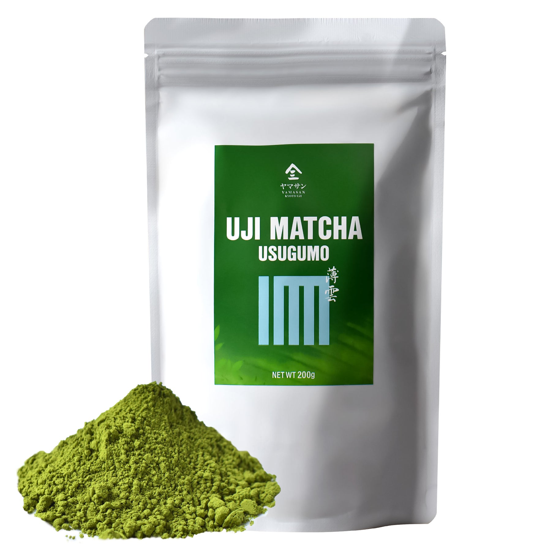 Uji Matcha Usugumo packaging with green powder on a white background