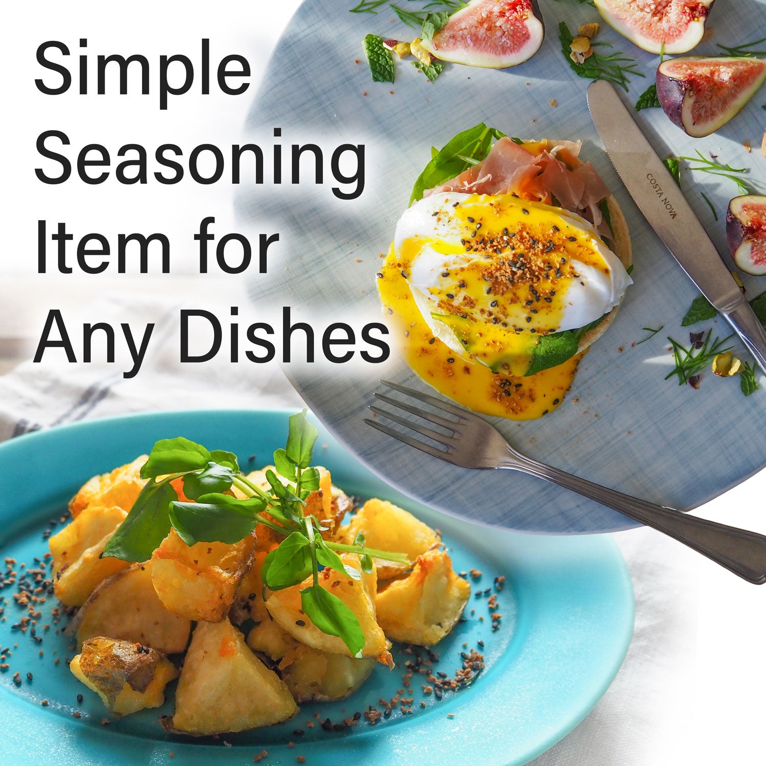 Two plates of food with garnishes and a knife, featuring text 'Simple Seasoning Item for Any Dishes'.
