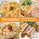 Collage of various dishes including Garlic Pasta, Ramen, Fried Rice, and Pork & Vegetable with text describing their versatility.