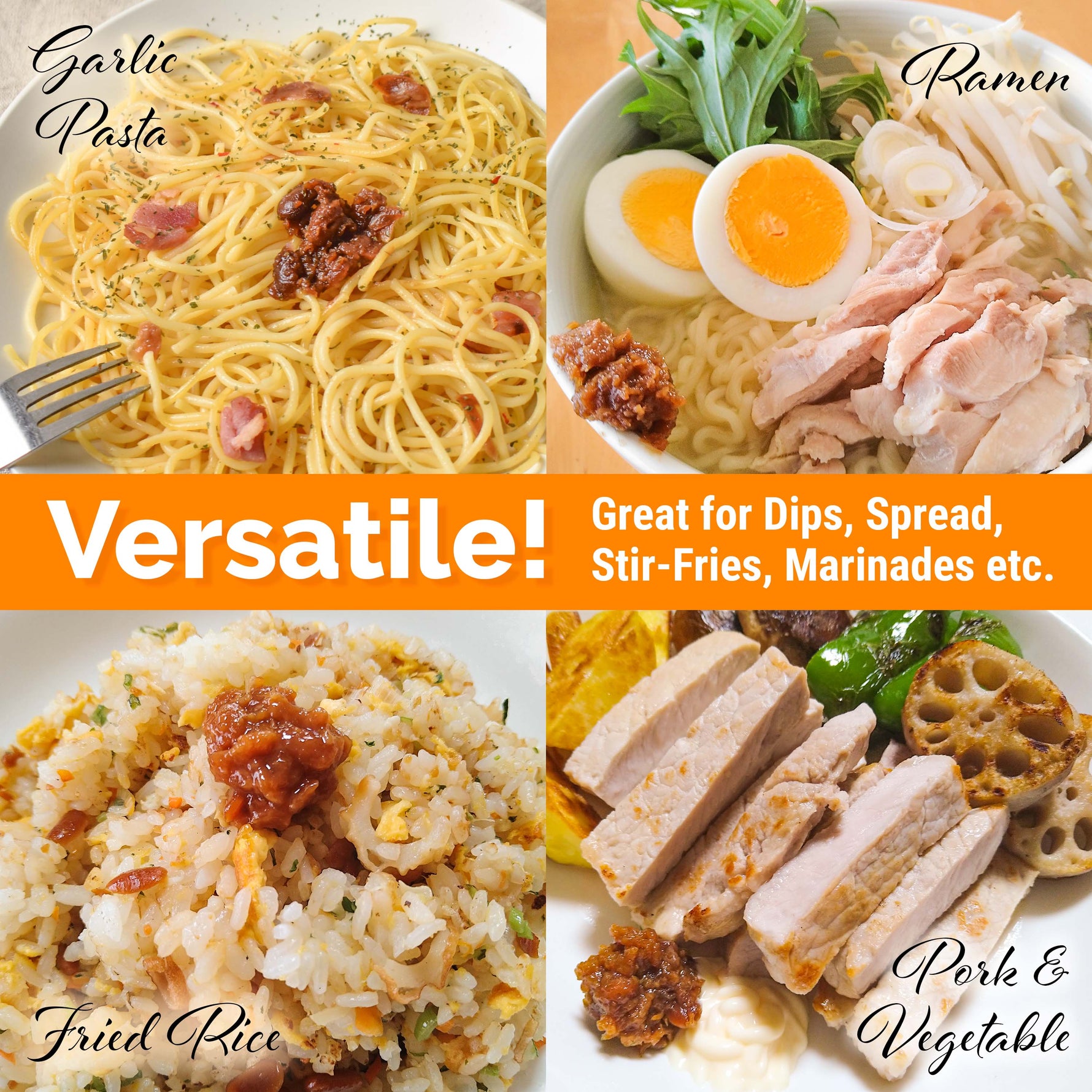Collage of various dishes including Garlic Pasta, Ramen, Fried Rice, and Pork & Vegetable with text describing their versatility.