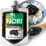 Packaging of Nori Tsukudani Simmered Seaweed Paste with a spoonful of black paste on a wooden spoon, alongside a bowl of white rice topped with the paste.