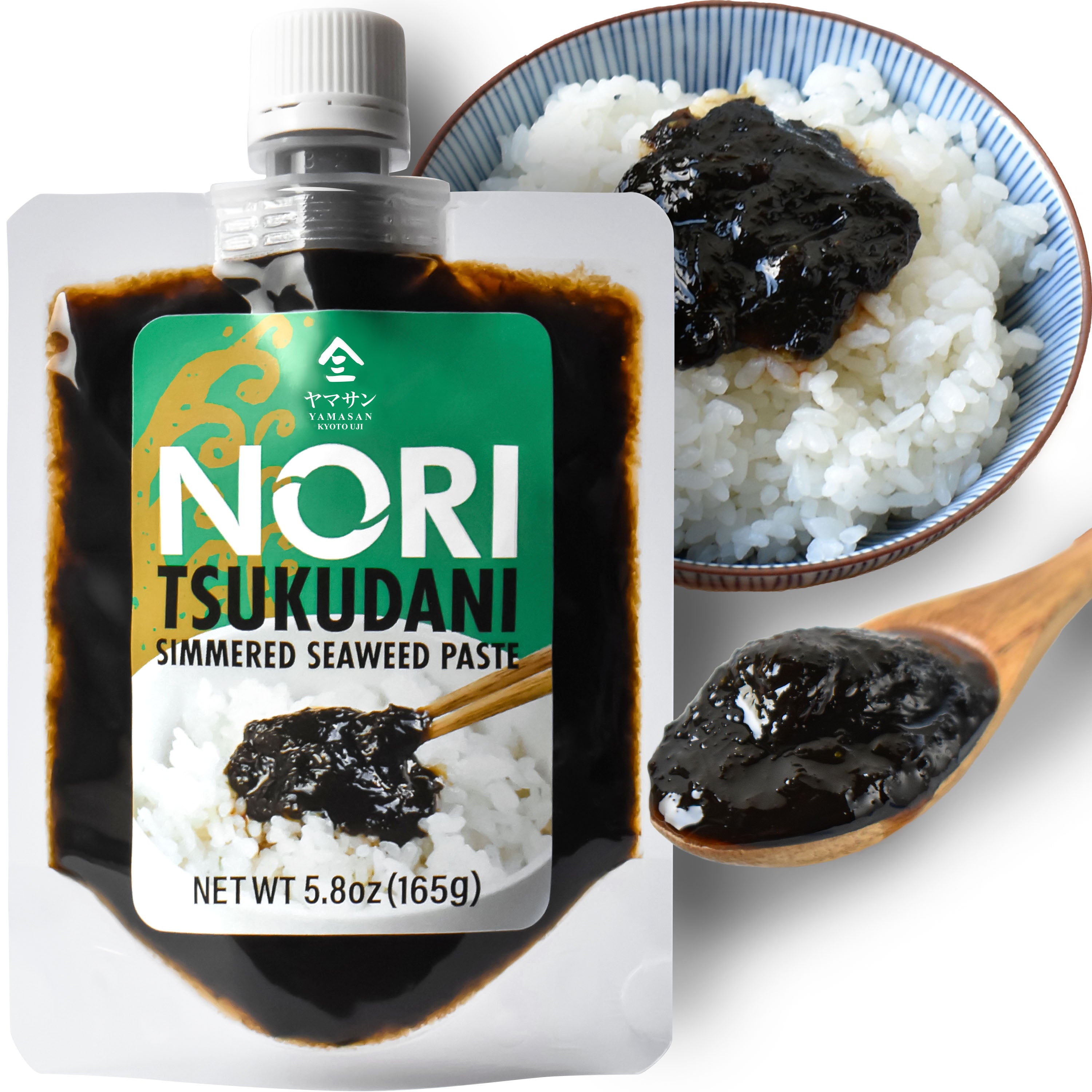 Packaging of Nori Tsukudani Simmered Seaweed Paste with a spoonful of black paste on a wooden spoon, alongside a bowl of white rice topped with the paste.