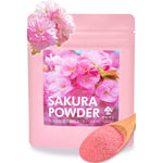 Sakura powder packaging with cherry blossoms and a wooden spoon filled with pink powder on a white background.