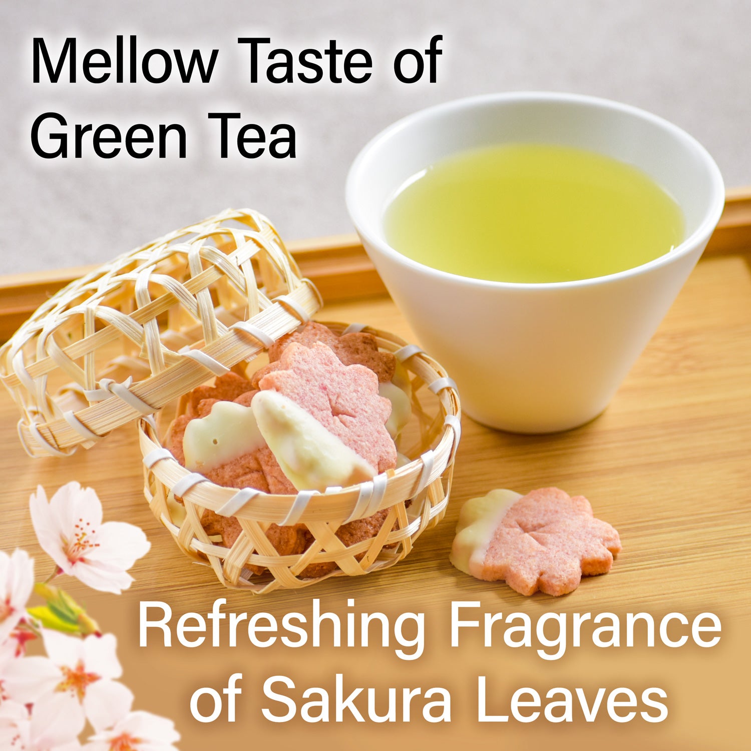 Sakura sencha and cherry blossom-shaped cookies made with Yamasan’s sakura powder