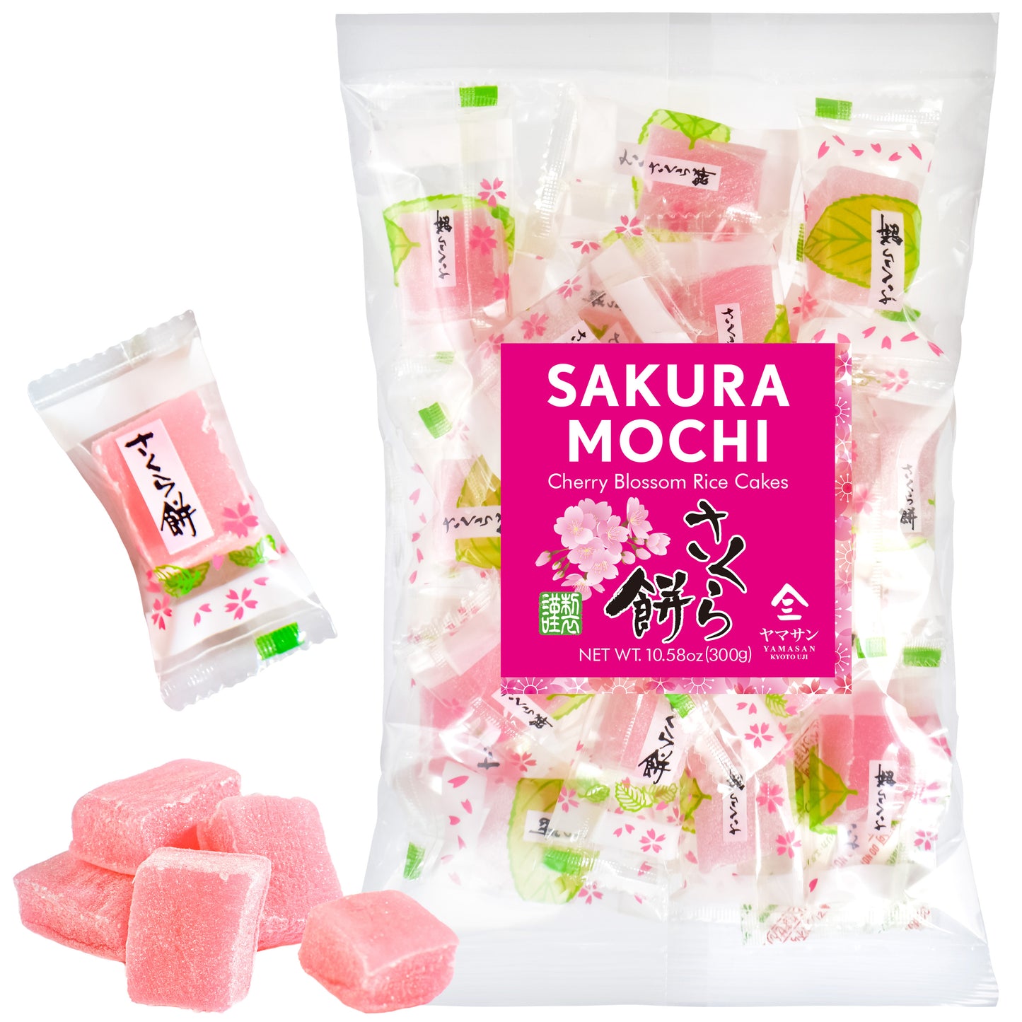 YAMASAN KYOTO UJI Japanese Sakura Mochi Candies -Real Traditional Cherry blossom Rice Cakes- Aromatic Flavor of Japanese Spring Soft and Chewy Texture Individually Wrapped 300g/10.58oz