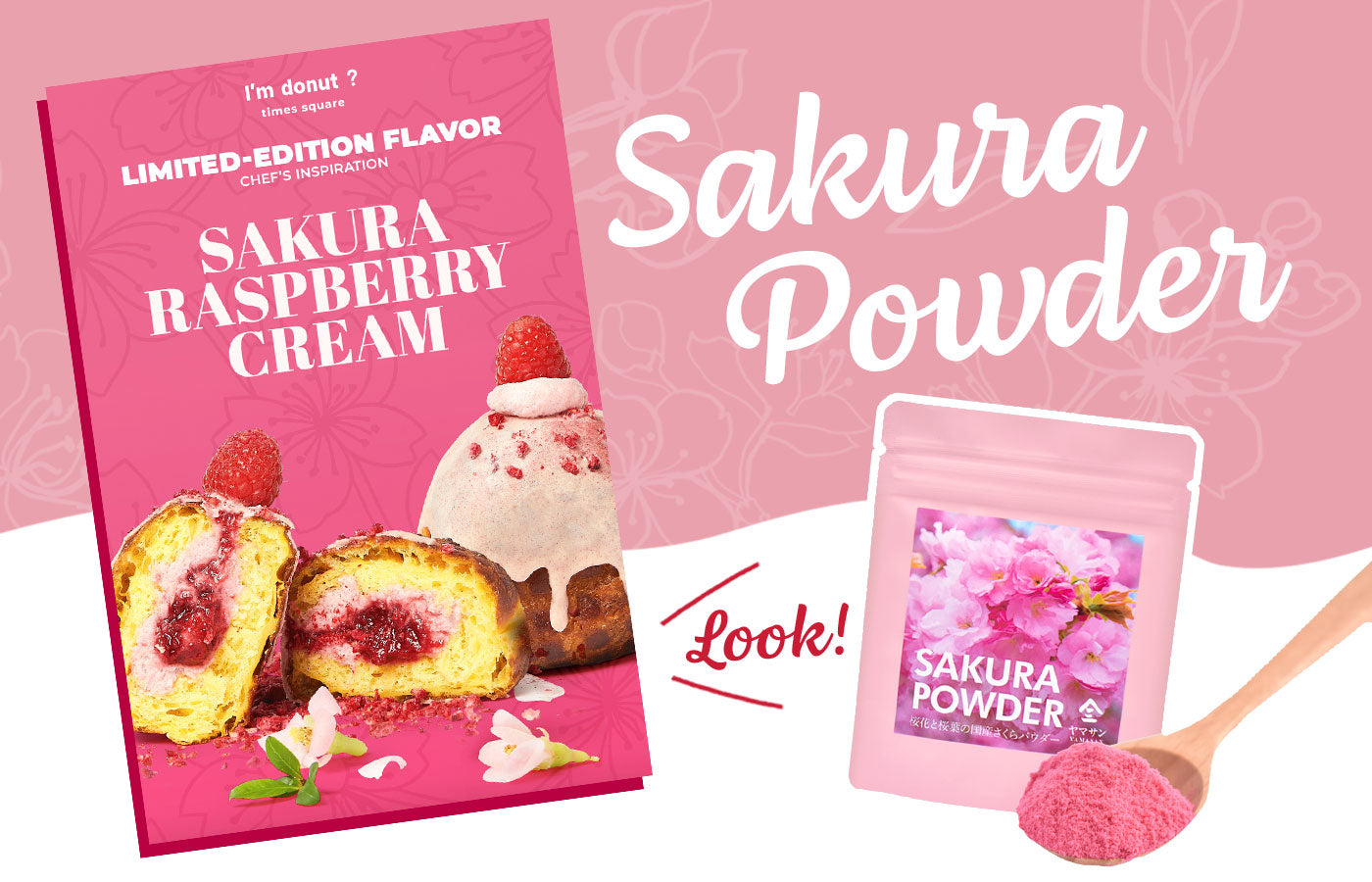 Promotional image of Sakura Raspberry Cream ice cream and Sakura Powder on a pink background.