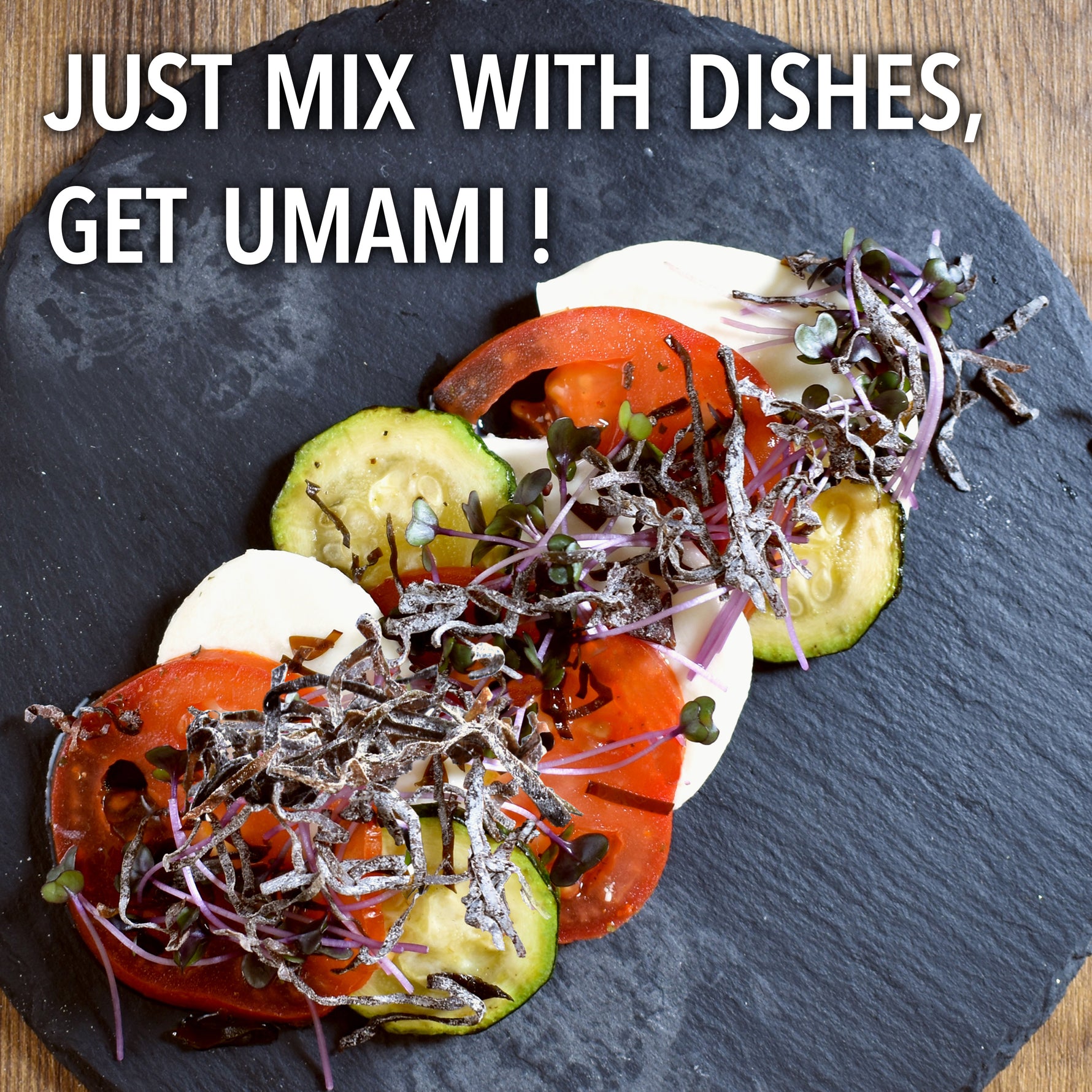 An elegantly plated Japanese-style caprese featuring shio kombu, tomato, and zucchini