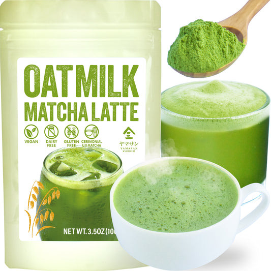 Japanese Oat Milk Matcha Latte, Uji Matcha Ceremonial Grade with Oat Milk Instant Latte Mix, Dairy-Free, 100% Plant Based, Vegan, Gluten-Free, No Refined Sugar, Made in Japan 3.5OZ(100g)