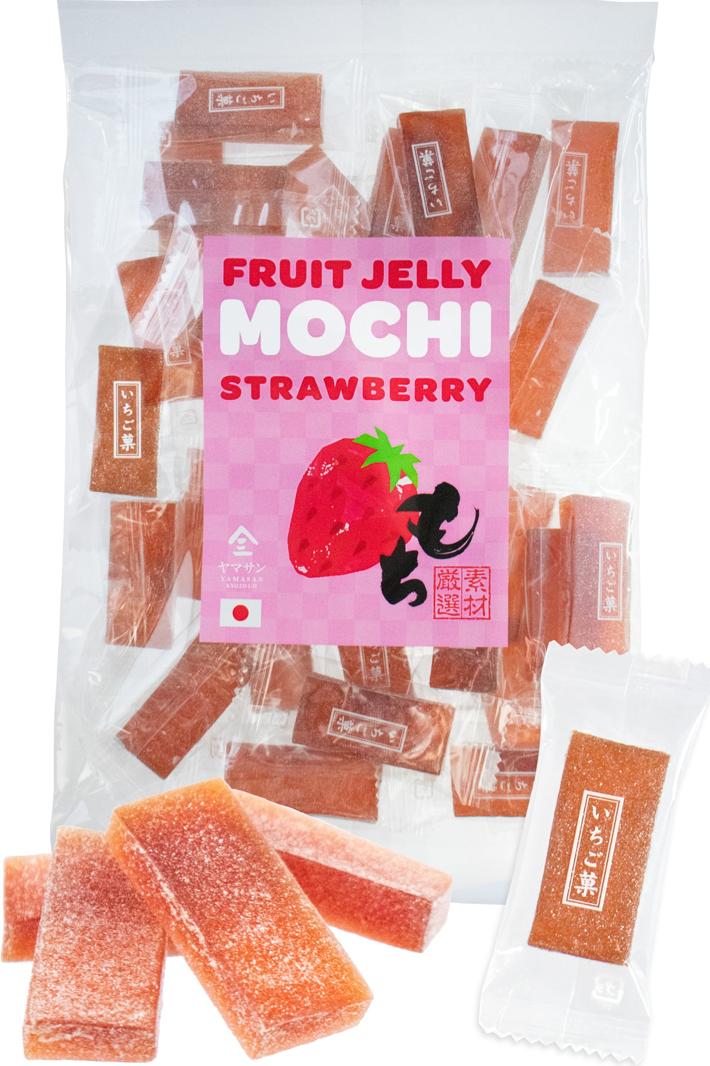 Jelly Fruit Mochi, Japanese Traditional Candy, individually wrapped, Artisanal Handworks, Juicy Strawberry, 300g