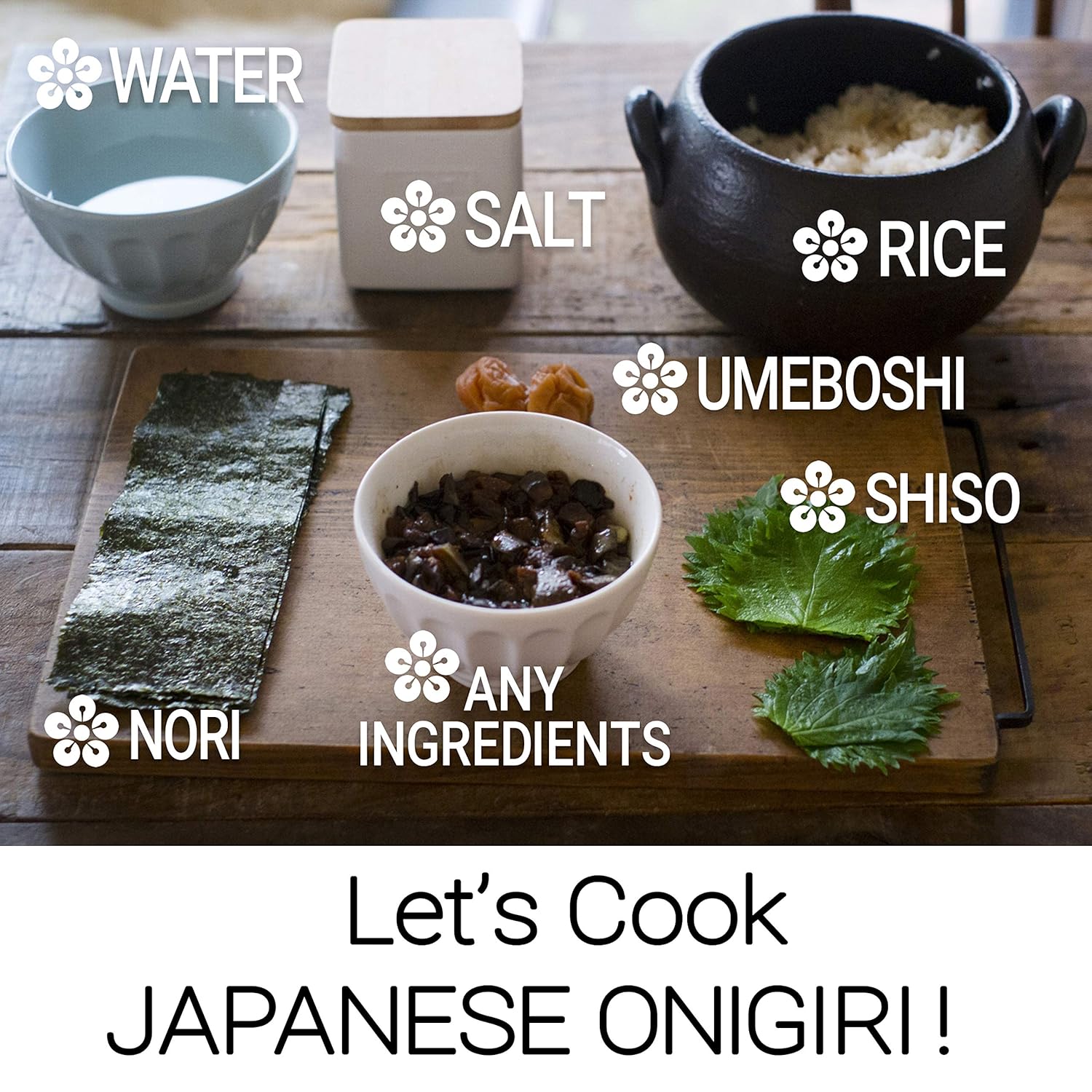 Ingredients for Japanese onigiri on a wooden board with labels.