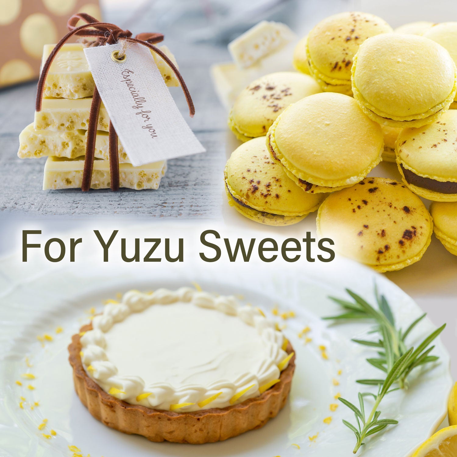 Yuzu sweets including a tart, macarons, and a gift with a tag on a light background.