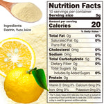 Nutrition facts label for a product with yuzu juice and dextrin, featuring a lemon and a spoonful of powder.