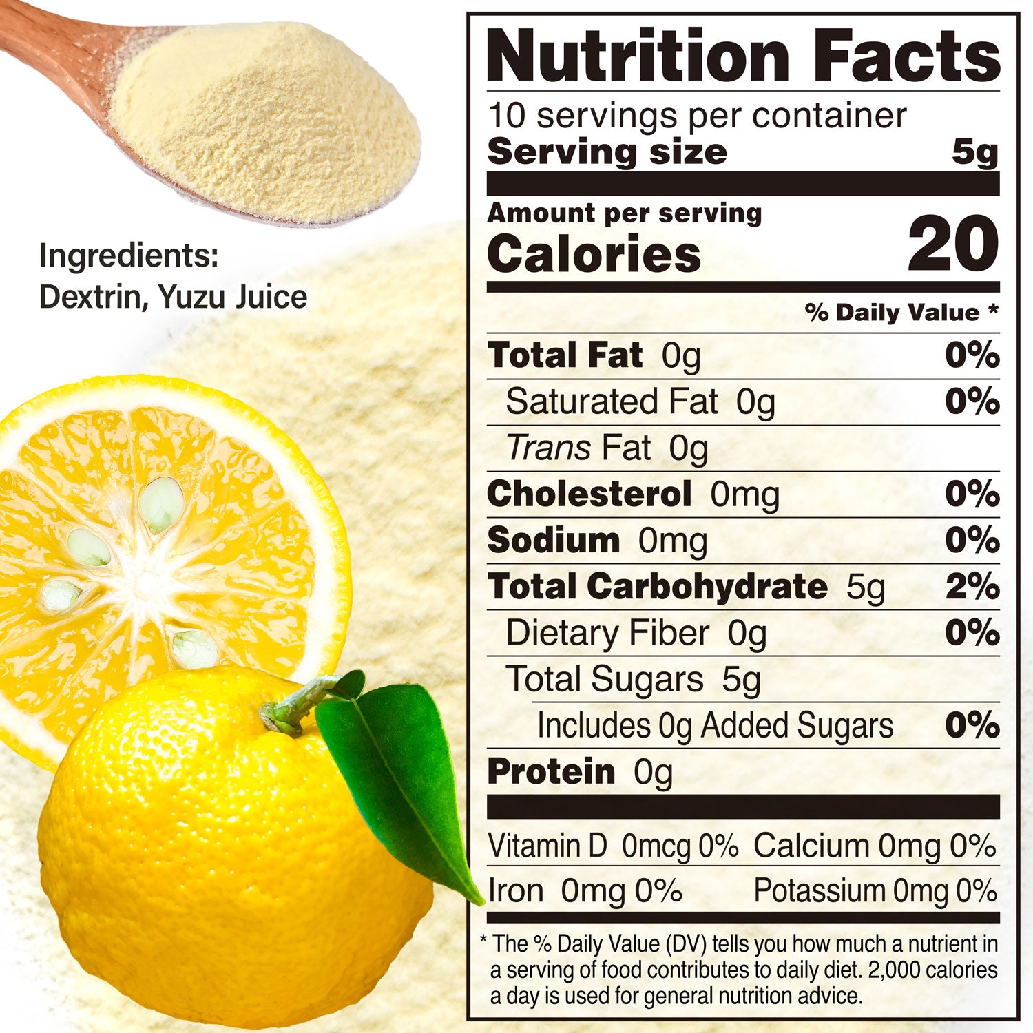 Nutrition facts label for a product with yuzu juice and dextrin, featuring a lemon and a spoonful of powder.
